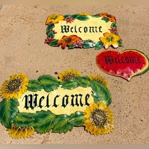 3 Lot Welcome Signs Metal Indoor/Outdoor Hand Painted Sunflowers Tropical